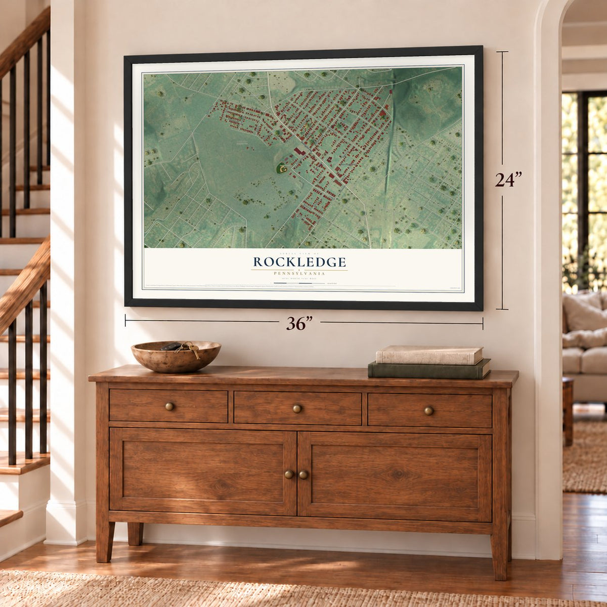 Rockledge, Pennsylvania map, 24 x 36 inch print in a black frame above a dresser by a staircase