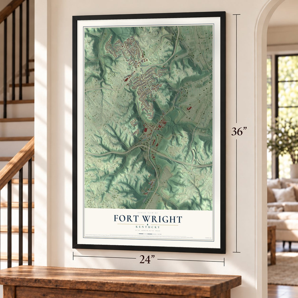 Fort Wright, Kentucky map, 24 x 36 inch print in a black frame by a staircase