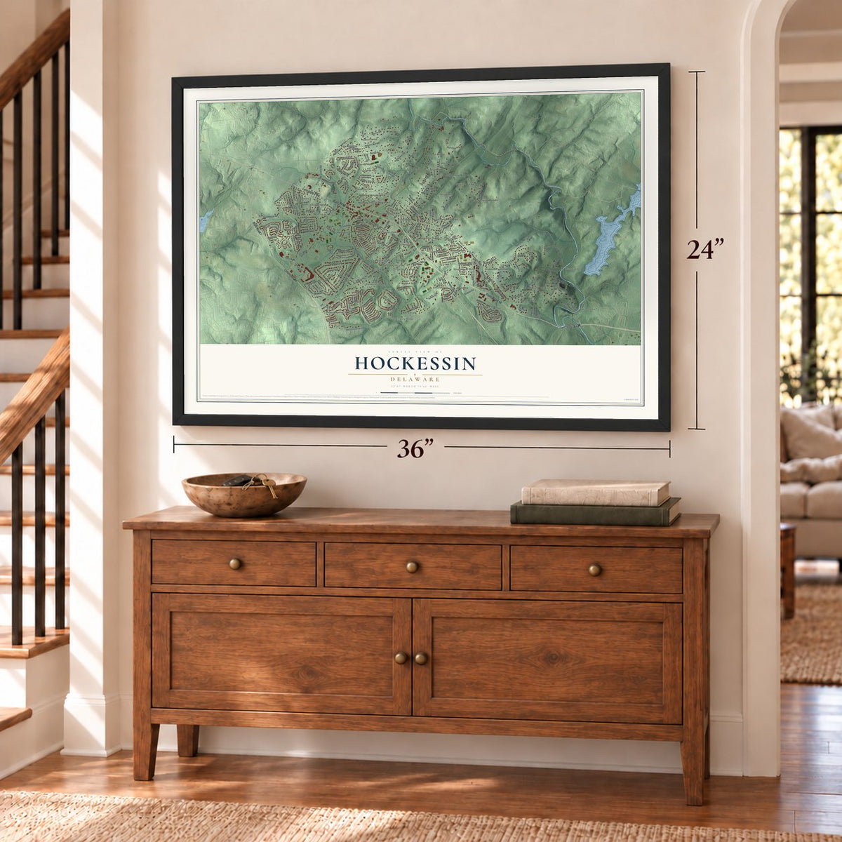 Hockessin, Delaware map, 24 x 36 inch print in a black frame above a dresser by a staircase