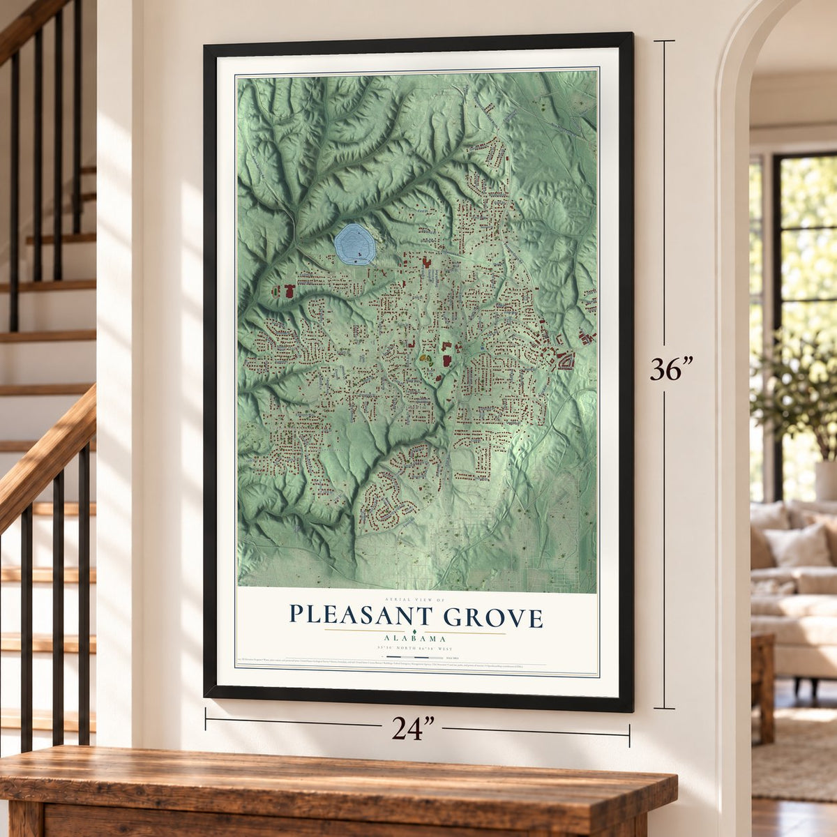 Pleasant Grove, Alabama map, 24 x 36 inch print in a black frame by a staircase