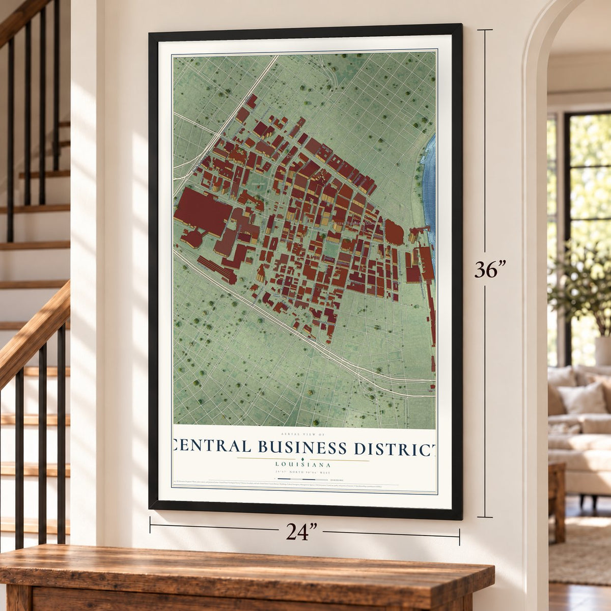 Central Business District, Louisiana map, 24 x 36 inch print in a black frame by a staircase