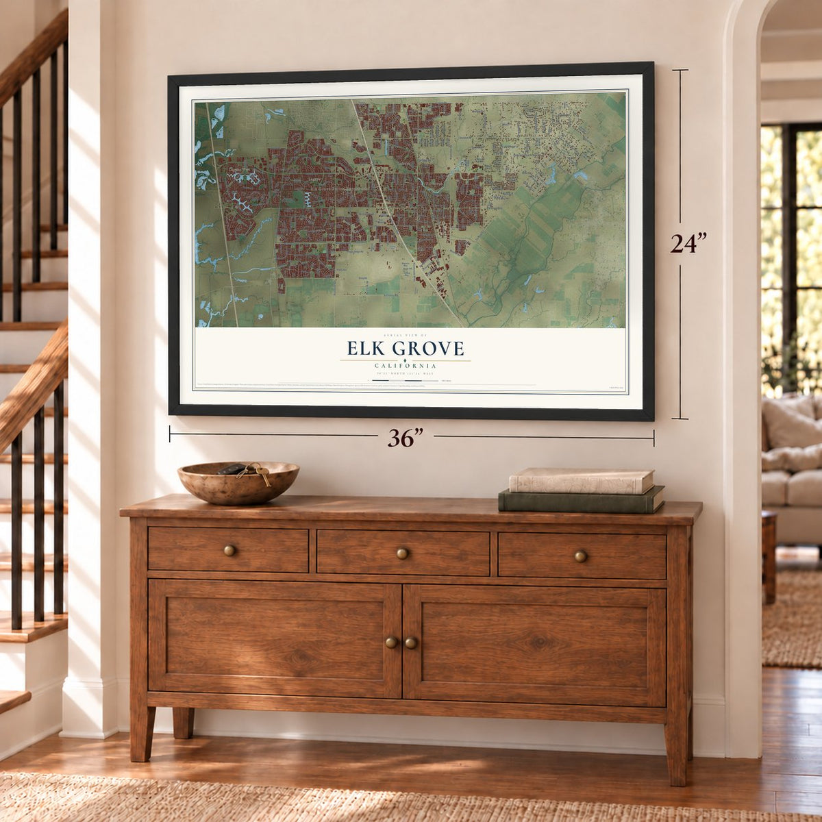 Elk Grove, California map, 24 x 36 inch print in a black frame above a dresser by a staircase