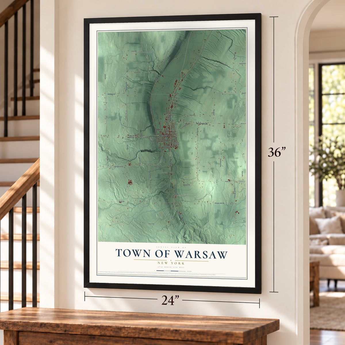 Town of Warsaw, New York map, 24 x 36 inch print in a black frame by a staircase