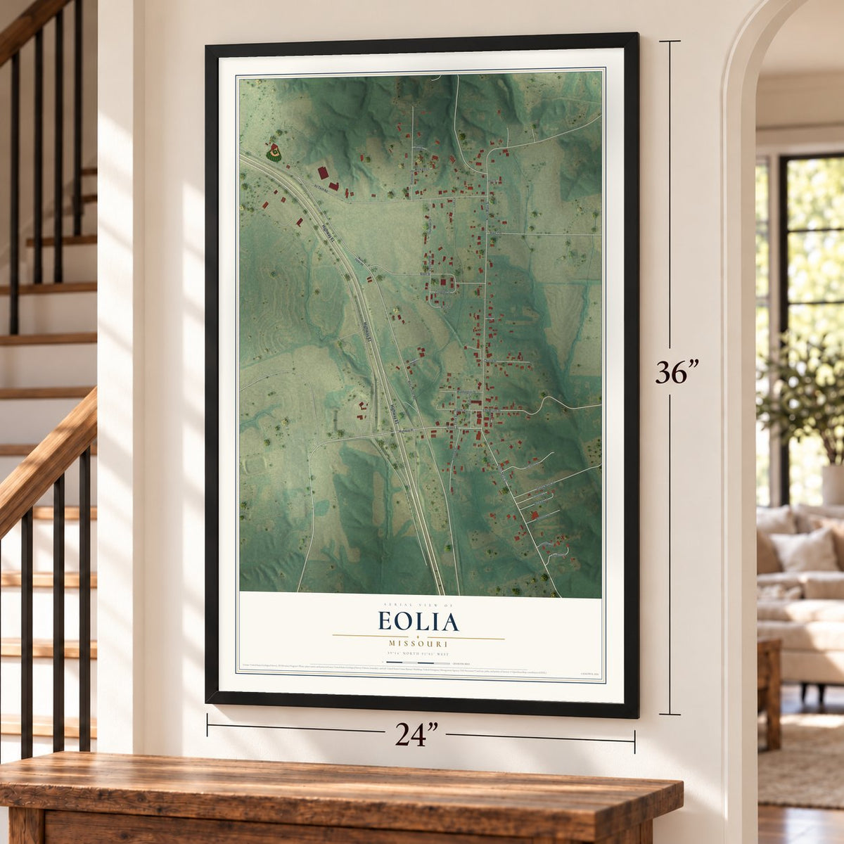Eolia, Missouri map, 24 x 36 inch print in a black frame by a staircase