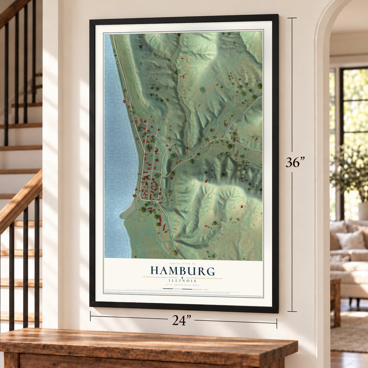 Hamburg, Illinois map, 24 x 36 inch print in a black frame by a staircase