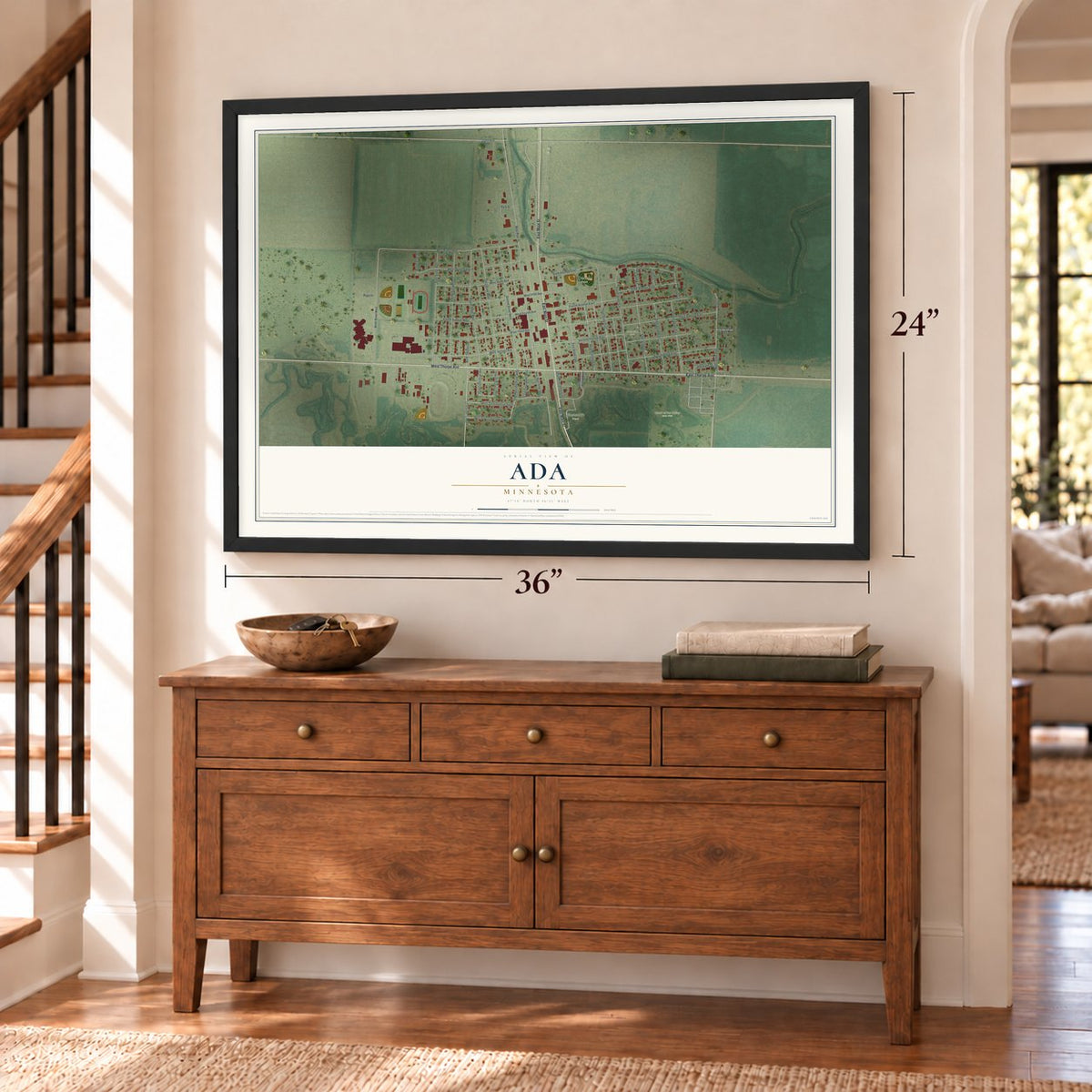 Ada, Minnesota map, 24 x 36 inch print in a black frame above a dresser by a staircase