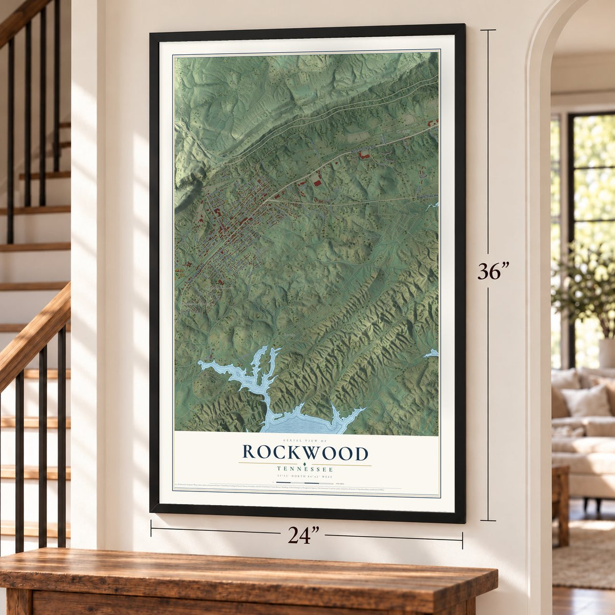 Rockwood, Tennessee map, 24 x 36 inch print in a black frame by a staircase