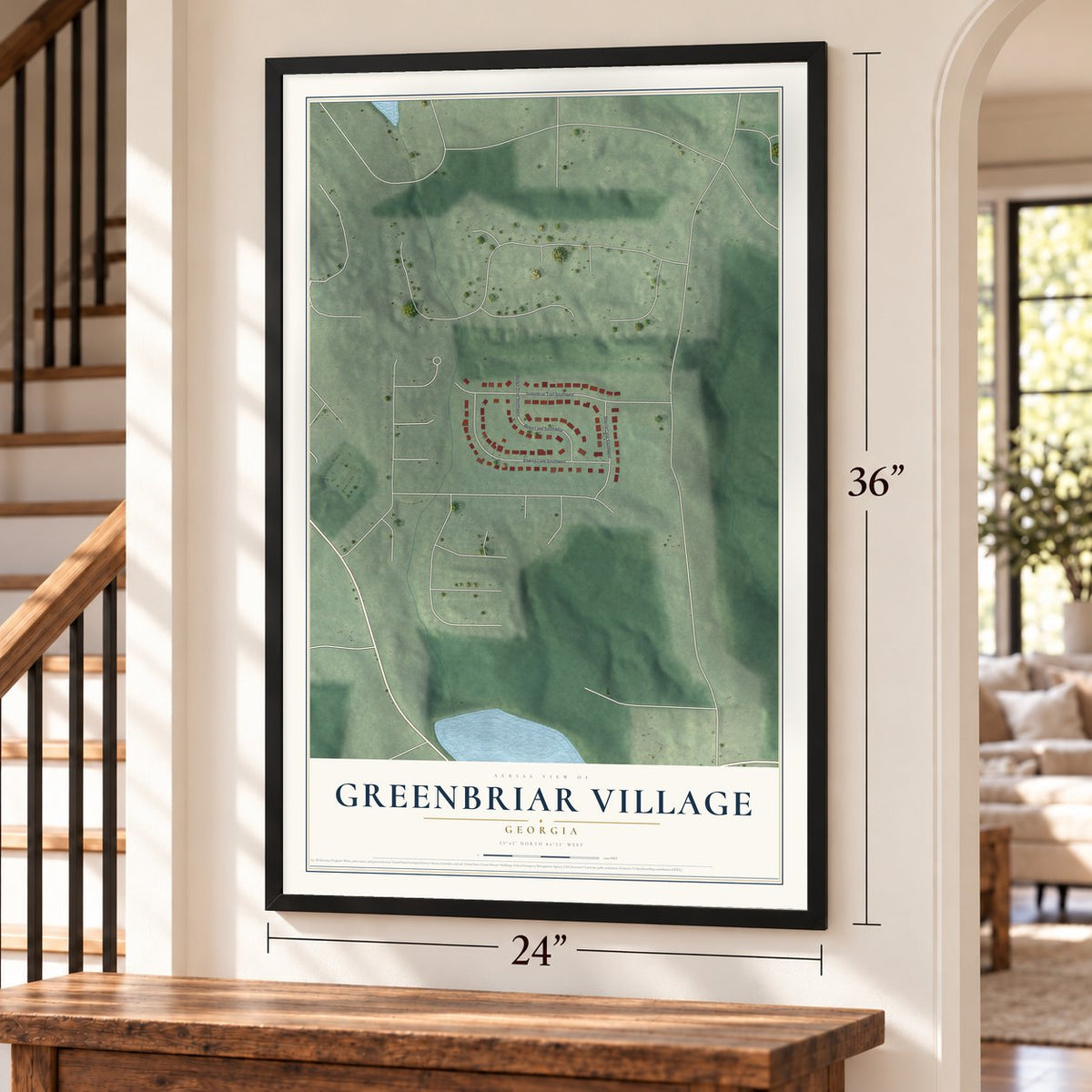 Greenbriar Village, Georgia map, 24 x 36 inch print in a black frame by a staircase