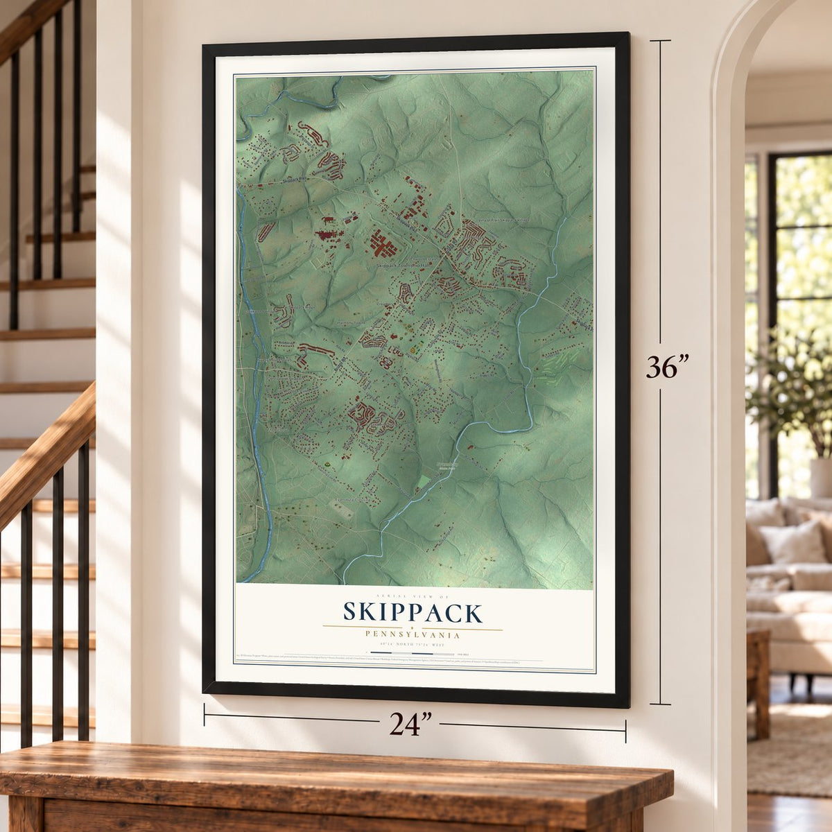 Skippack, Pennsylvania map, 24 x 36 inch print in a black frame by a staircase