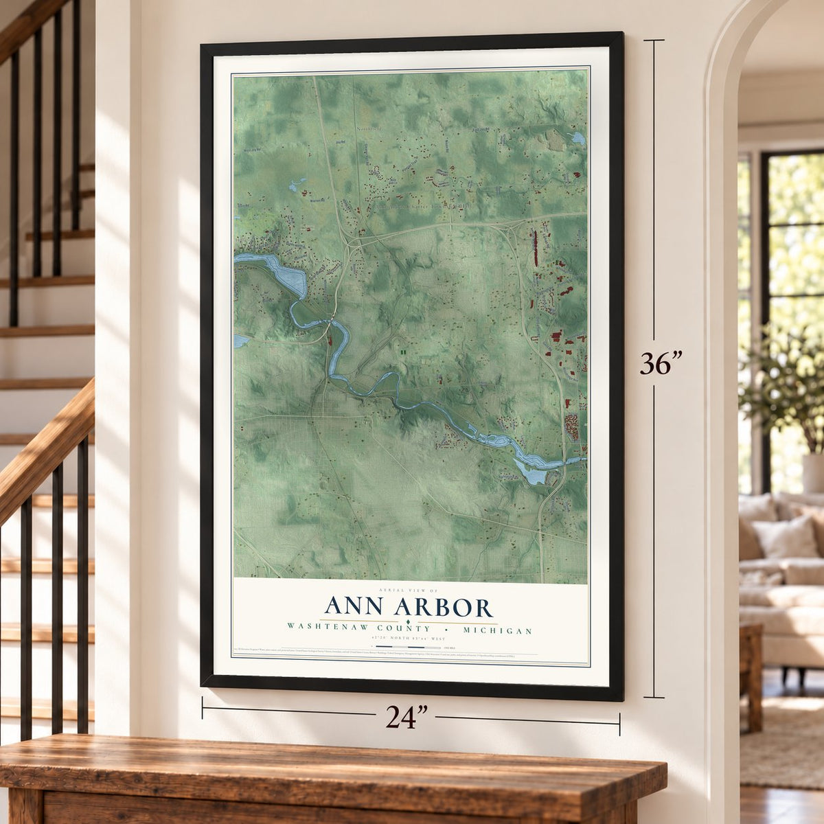 Ann Arbor, Washtenaw County, Michigan map, 24 x 36 inch print in a black frame by a staircase