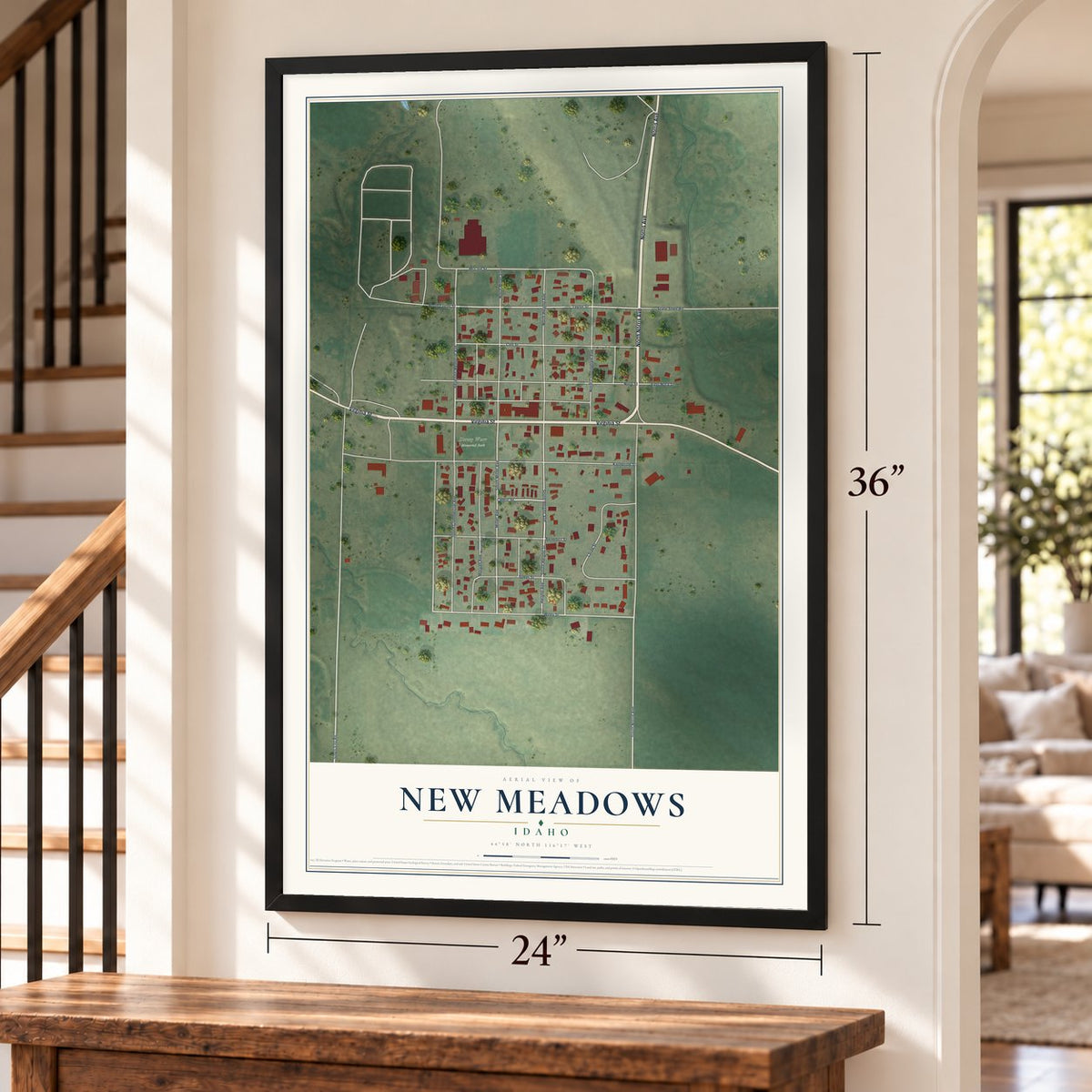 New Meadows, Idaho map, 24 x 36 inch print in a black frame by a staircase