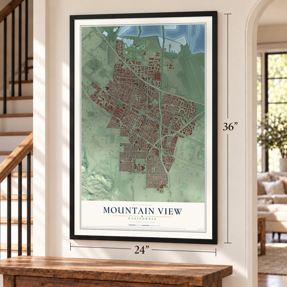 Mountain View, California map, 24 x 36 inch print in a black frame by a staircase
