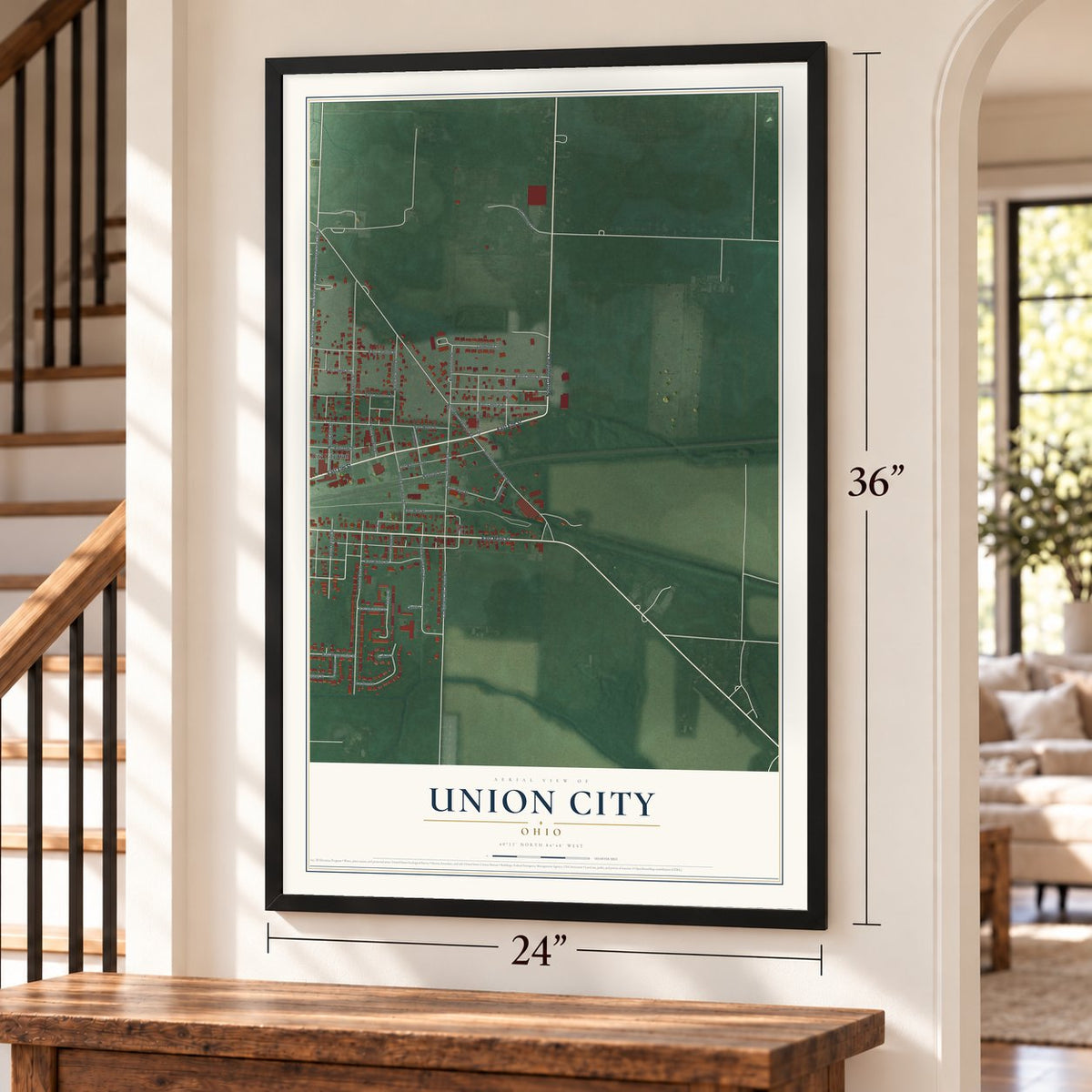 Union City, Ohio map, 24 x 36 inch print in a black frame by a staircase