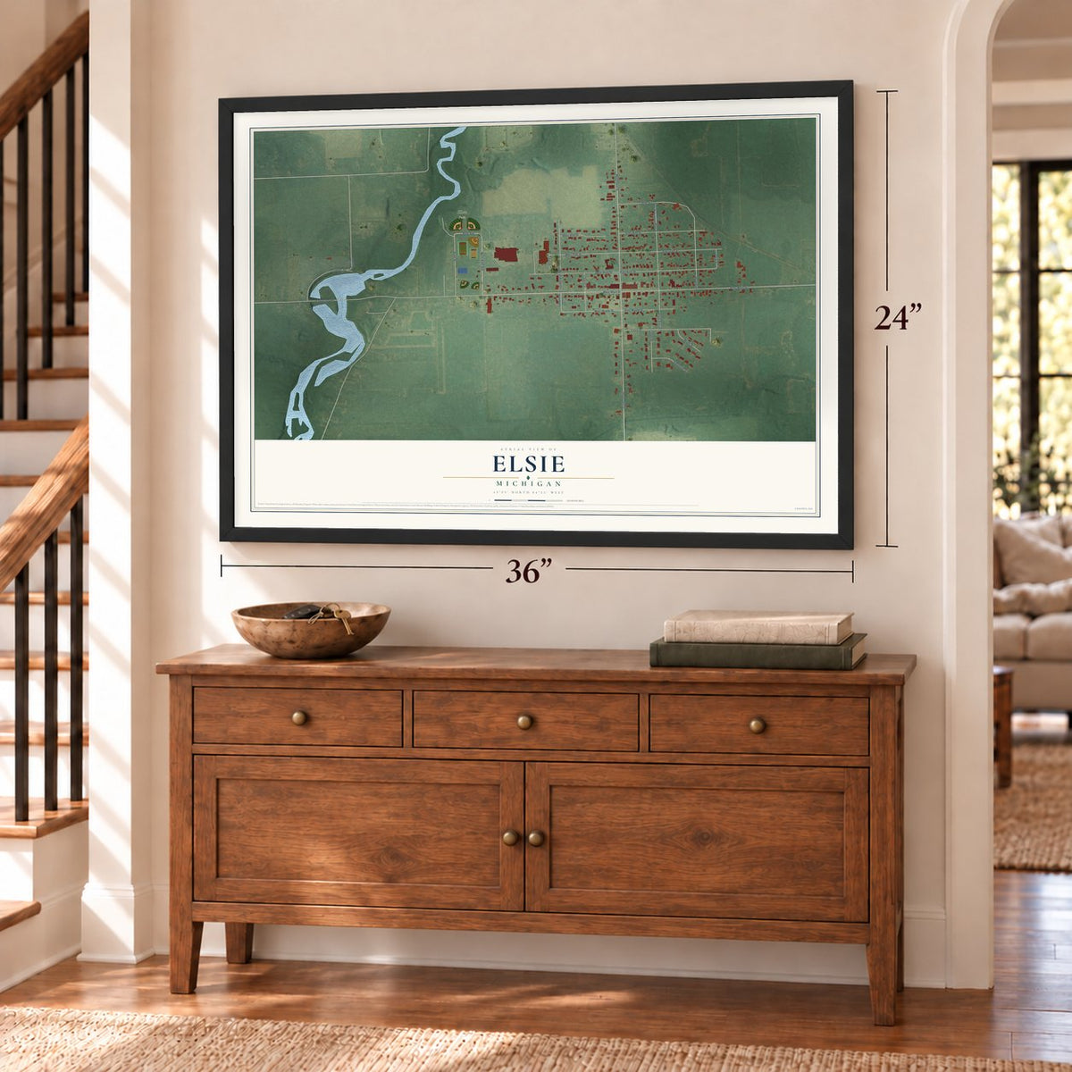 Elsie, Michigan map, 24 x 36 inch print in a black frame above a dresser by a staircase