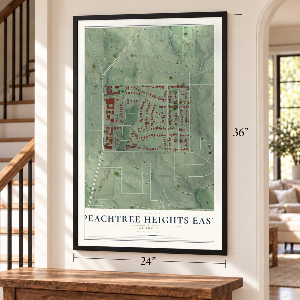 Peachtree Heights East, Georgia map, 24 x 36 inch print in a black frame by a staircase