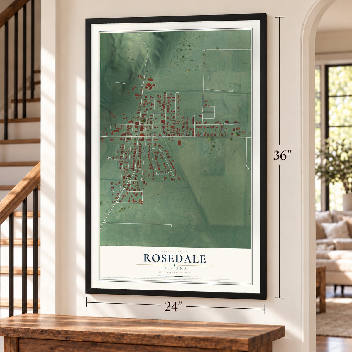 Rosedale, Indiana map, 24 x 36 inch print in a black frame by a staircase