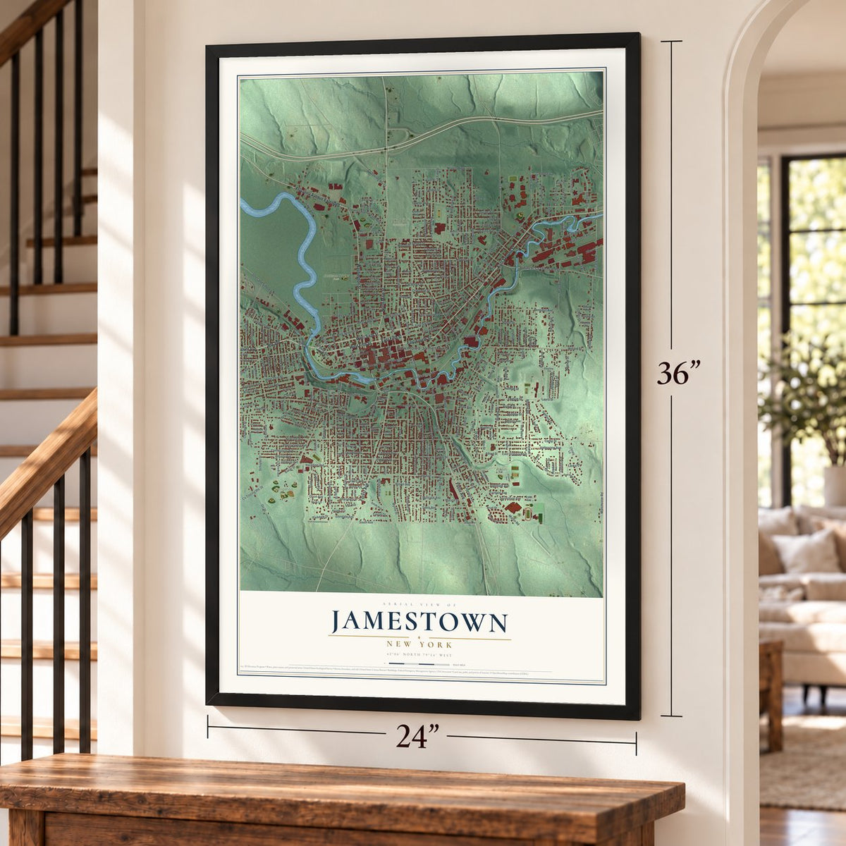 Jamestown, New York map, 24 x 36 inch print in a black frame by a staircase