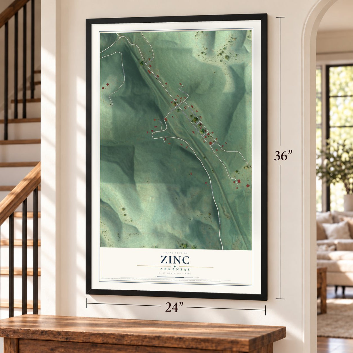 Zinc, Arkansas map, 24 x 36 inch print in a black frame by a staircase