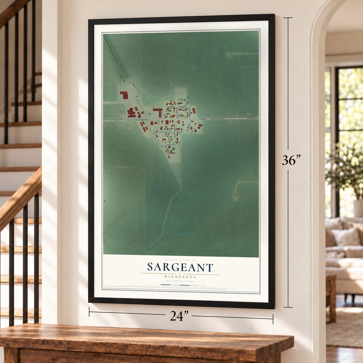 Sargeant, Minnesota map, 24 x 36 inch print in a black frame by a staircase