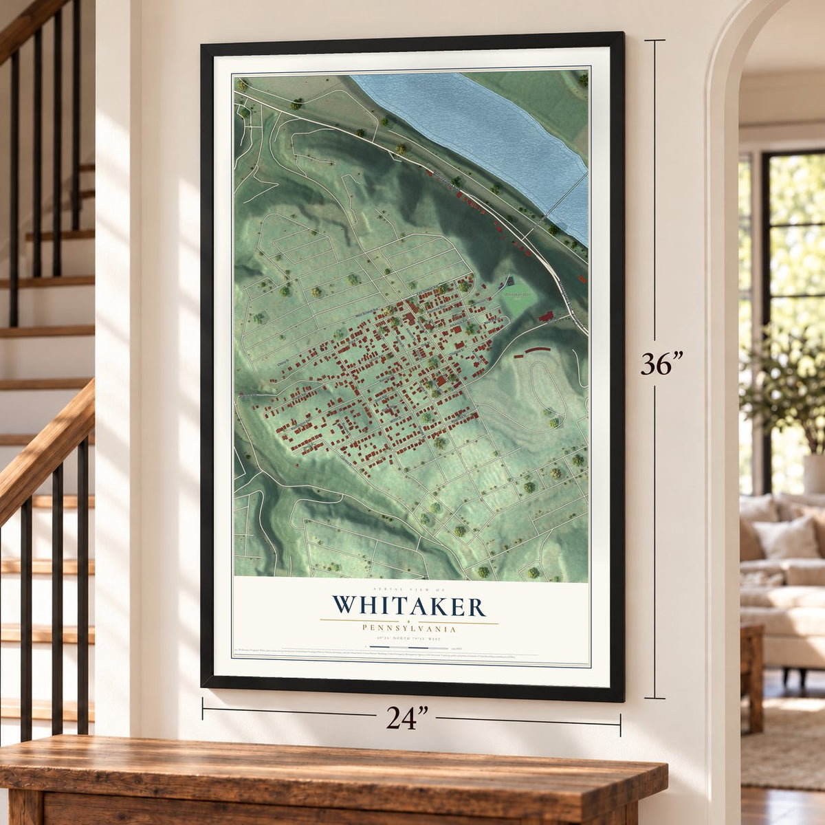 Whitaker, Pennsylvania map, 24 x 36 inch print in a black frame by a staircase
