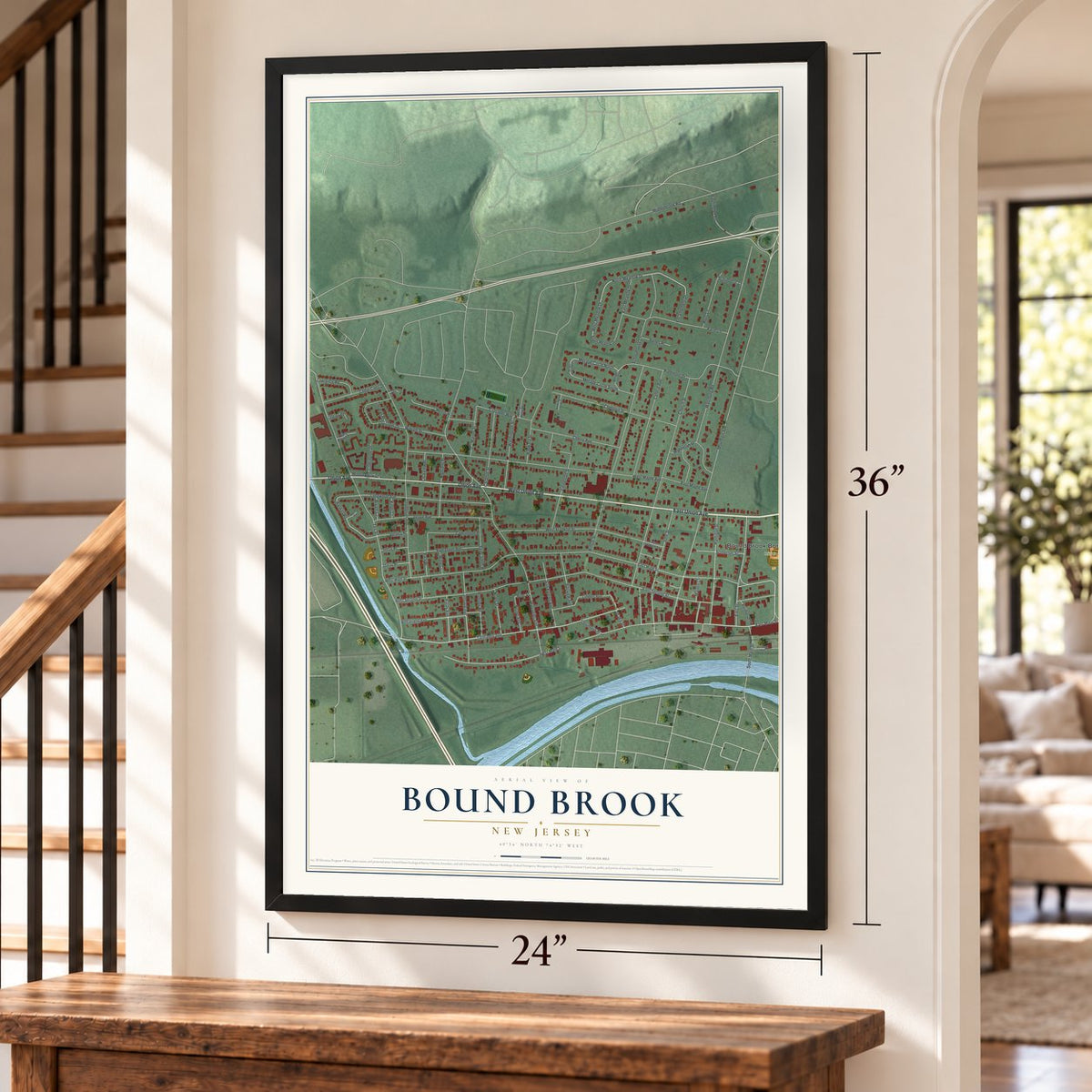 Bound Brook, New Jersey map, 24 x 36 inch print in a black frame by a staircase