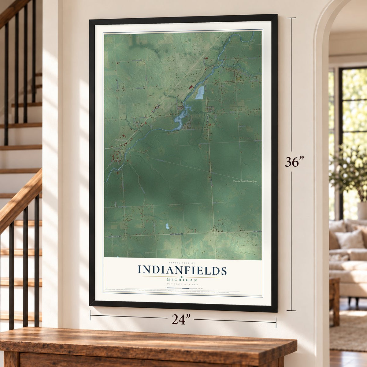 Indianfields, Michigan map, 24 x 36 inch print in a black frame by a staircase