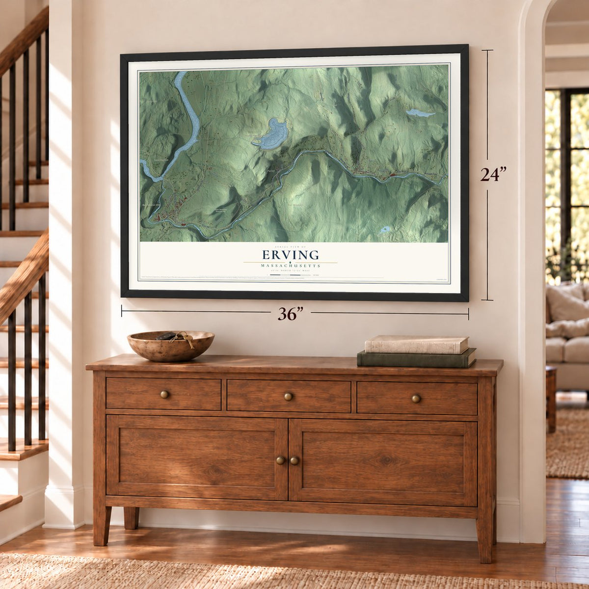 Erving, Massachusetts map, 24 x 36 inch print in a black frame above a dresser by a staircase