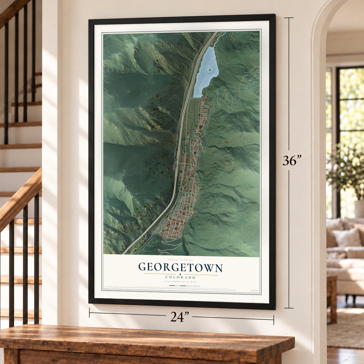 Georgetown, Colorado map, 24 x 36 inch print in a black frame by a staircase