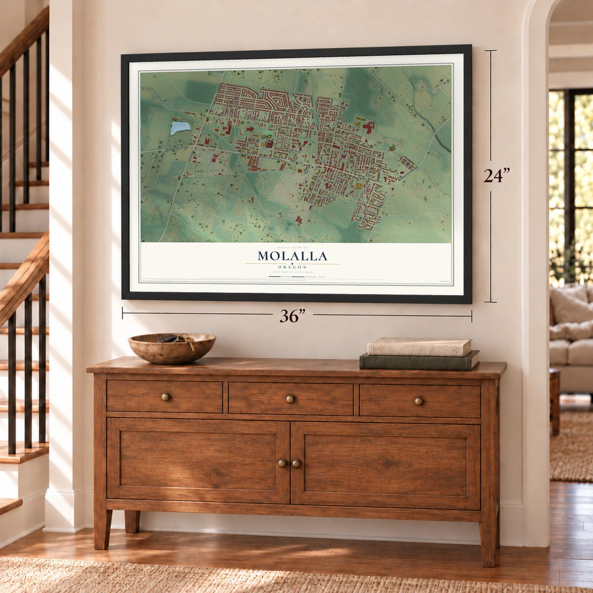 Molalla, Oregon map, 24 x 36 inch print in a black frame above a dresser by a staircase