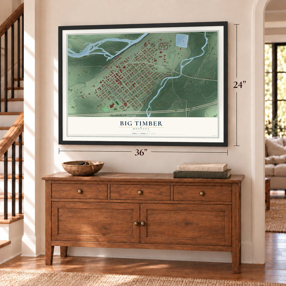 Big Timber, Montana map, 24 x 36 inch print in a black frame above a dresser by a staircase