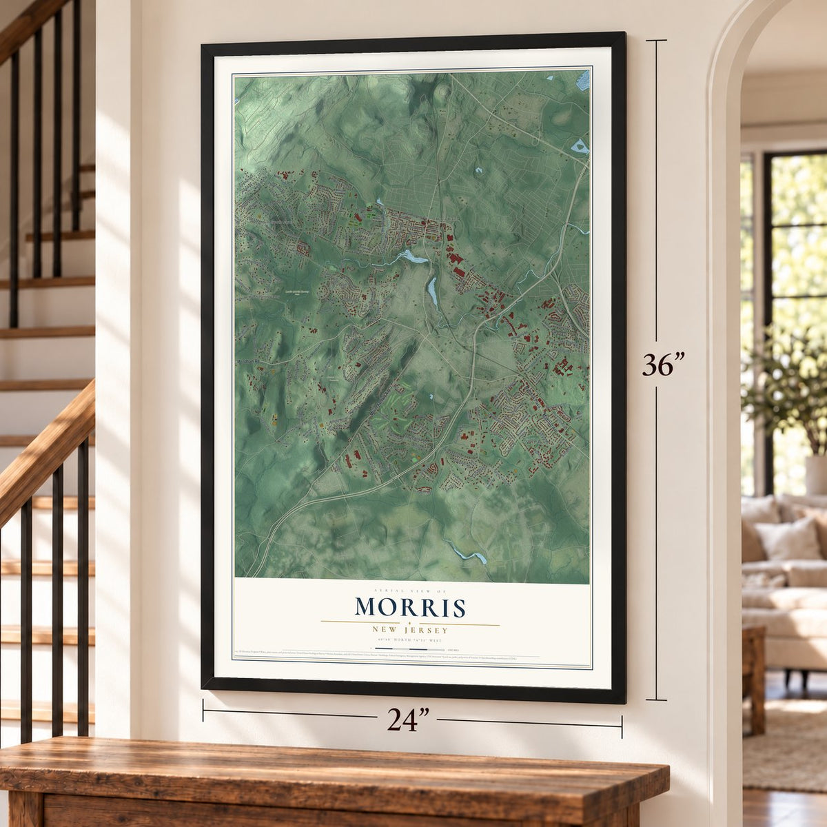 Morris, New Jersey map, 24 x 36 inch print in a black frame by a staircase