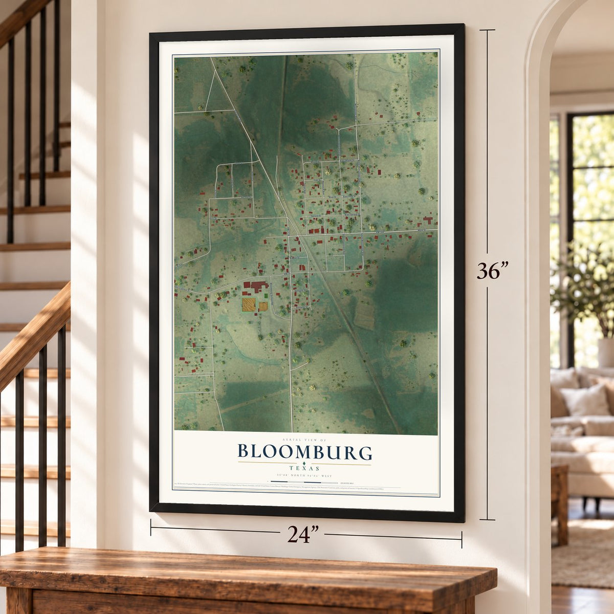 Bloomburg, Texas map, 24 x 36 inch print in a black frame by a staircase