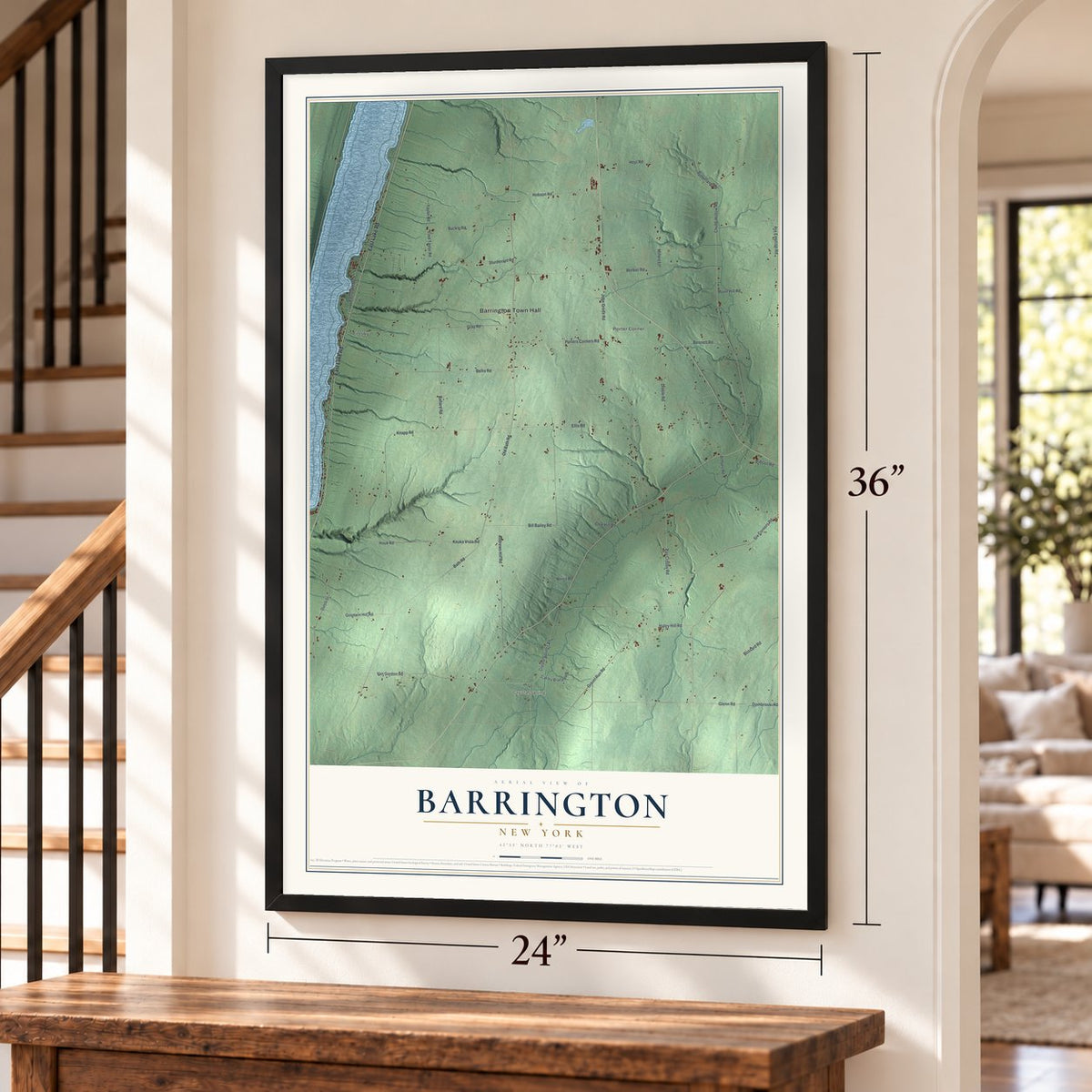 Barrington, New York map, 24 x 36 inch print in a black frame by a staircase