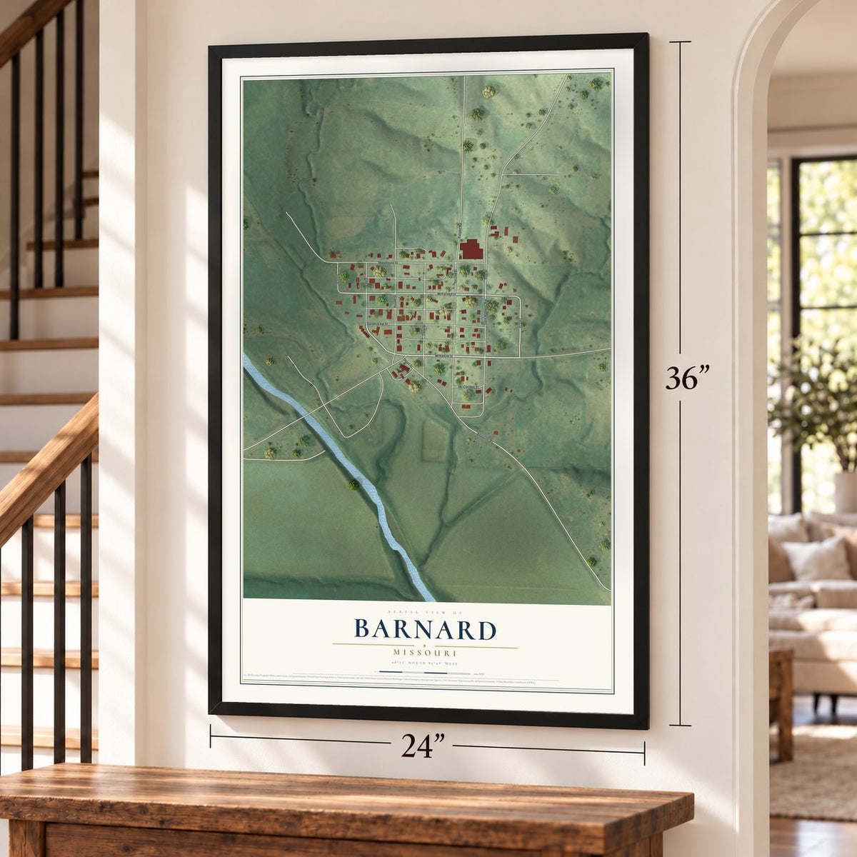 Barnard, Missouri map, 24 x 36 inch print in a black frame by a staircase
