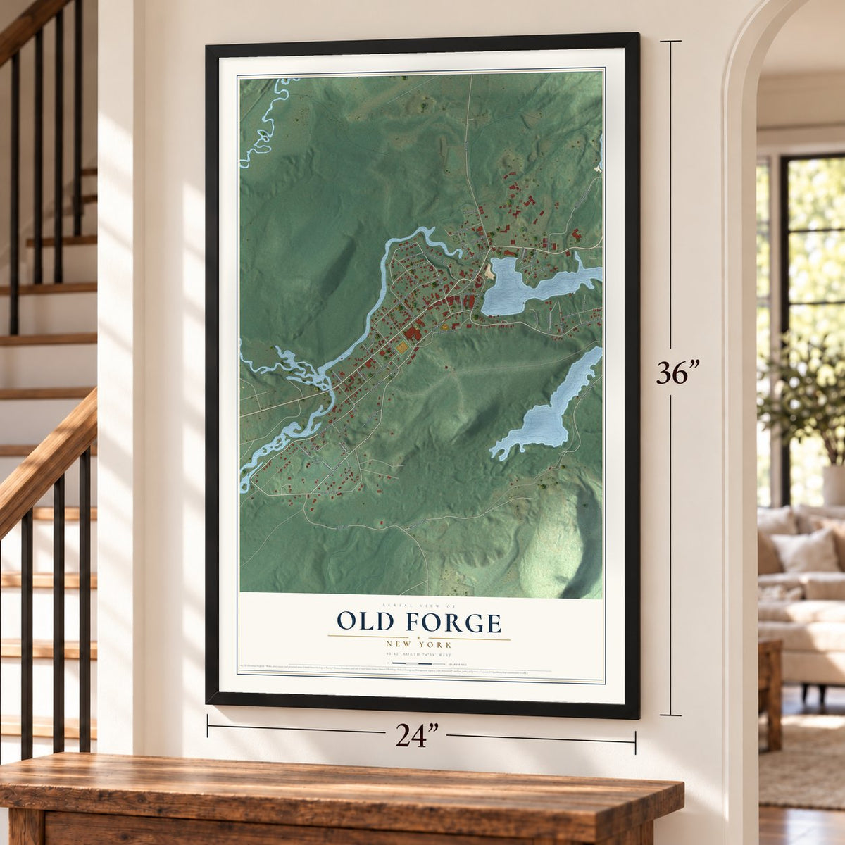 Old Forge, New York map, 24 x 36 inch print in a black frame by a staircase