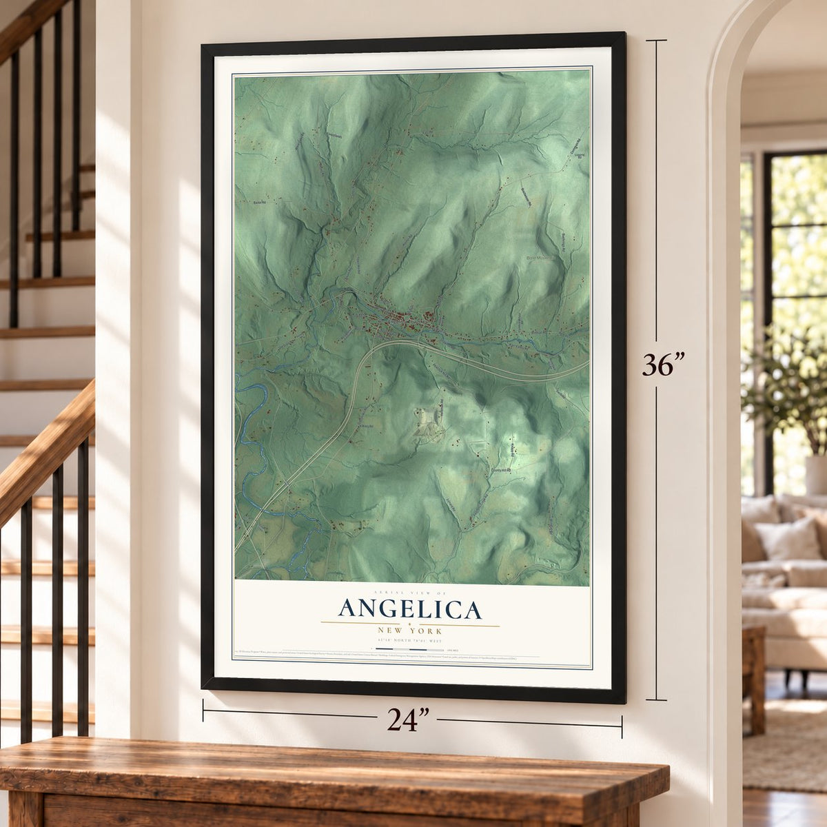 Angelica, New York map, 24 x 36 inch print in a black frame by a staircase