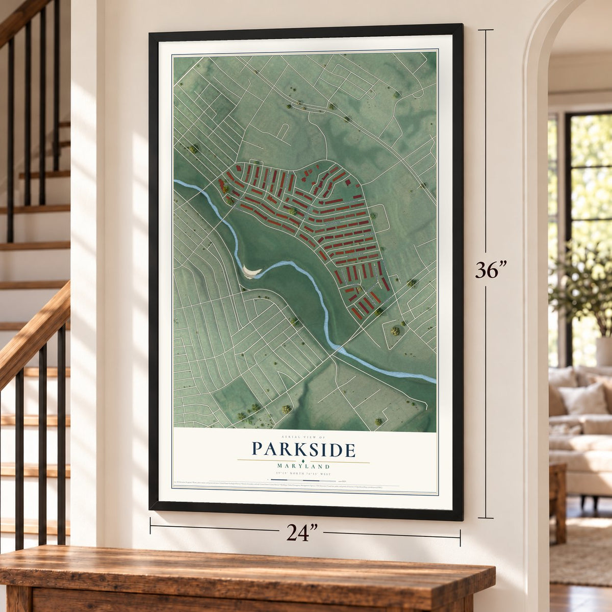 Parkside, Maryland map, 24 x 36 inch print in a black frame by a staircase