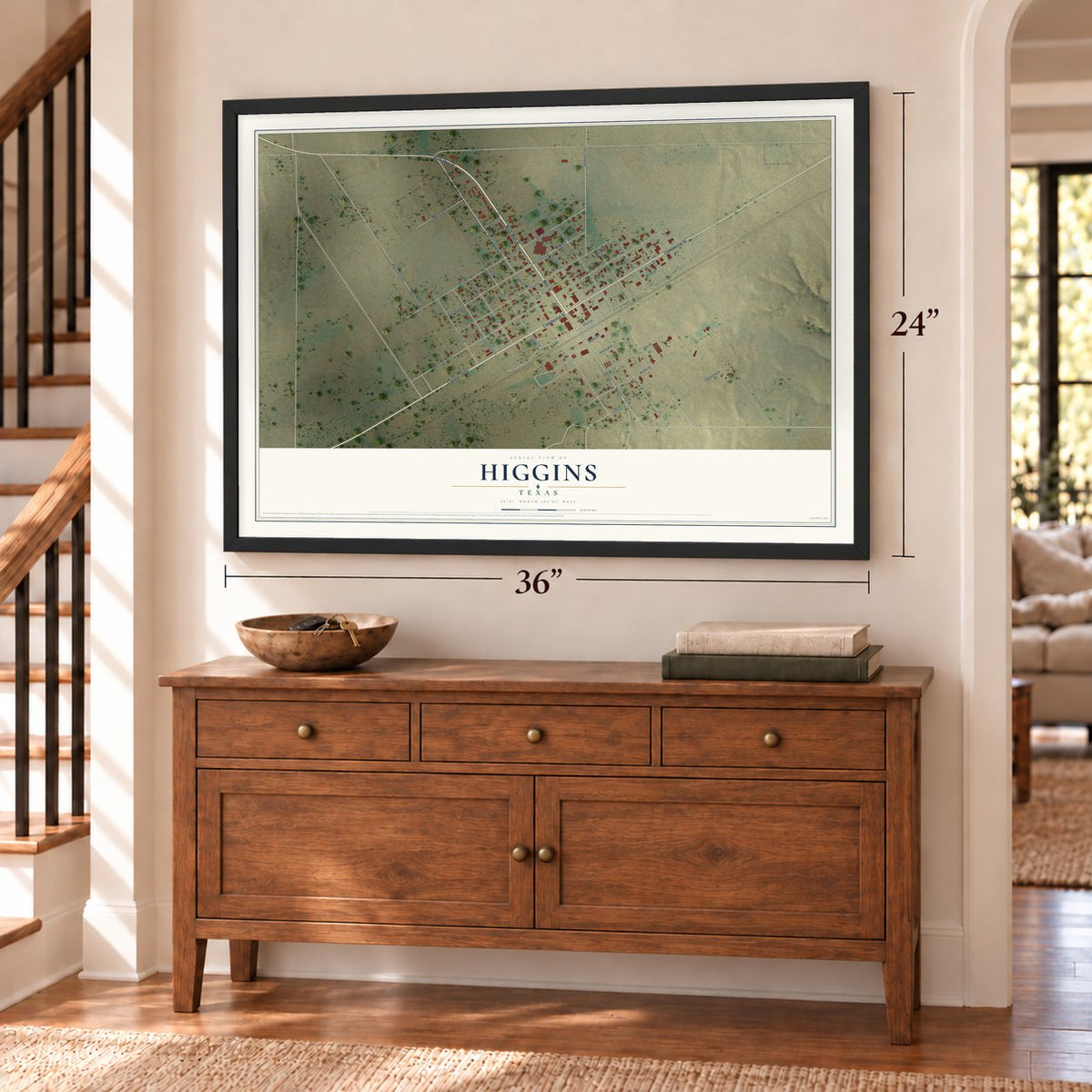 Higgins, Texas map, 24 x 36 inch print in a black frame above a dresser by a staircase