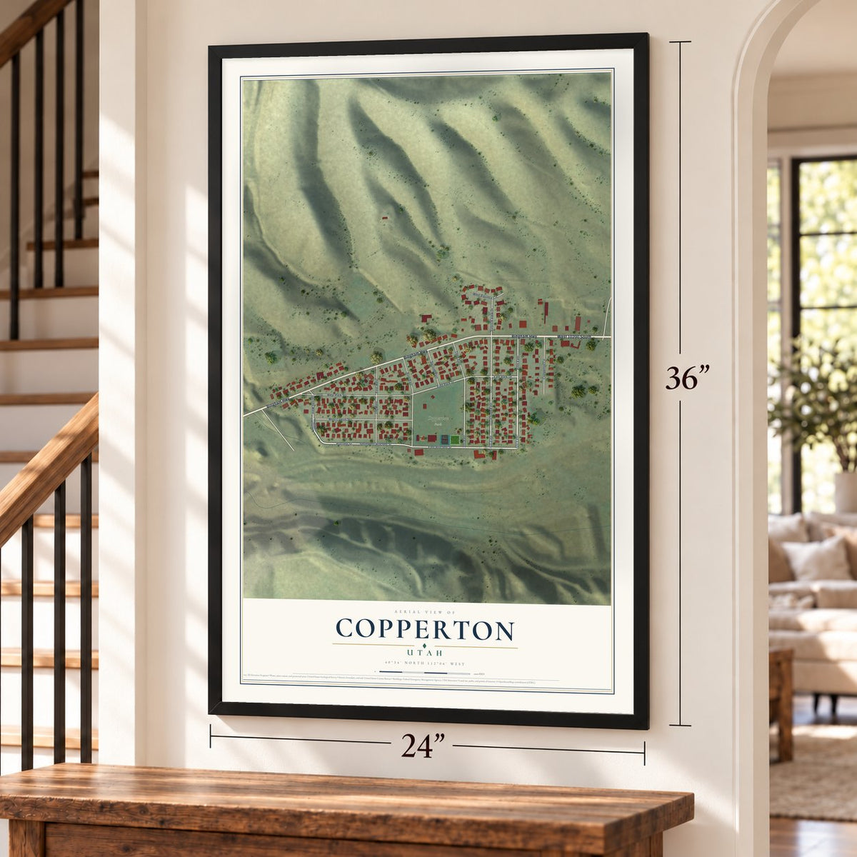 Copperton, Utah map, 24 x 36 inch print in a black frame by a staircase