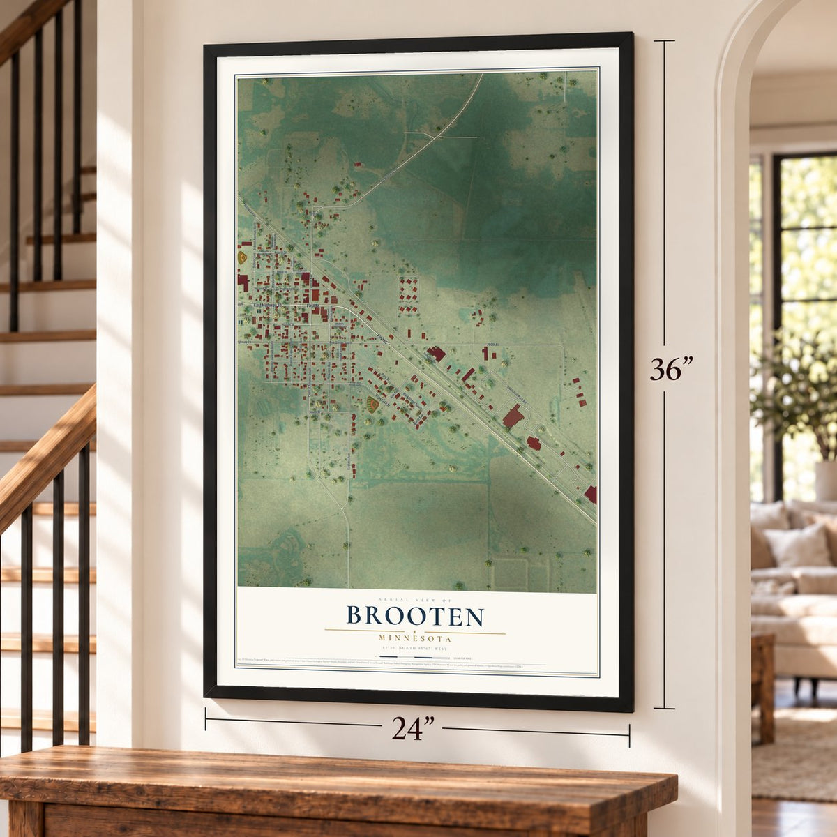 Brooten, Minnesota map, 24 x 36 inch print in a black frame by a staircase