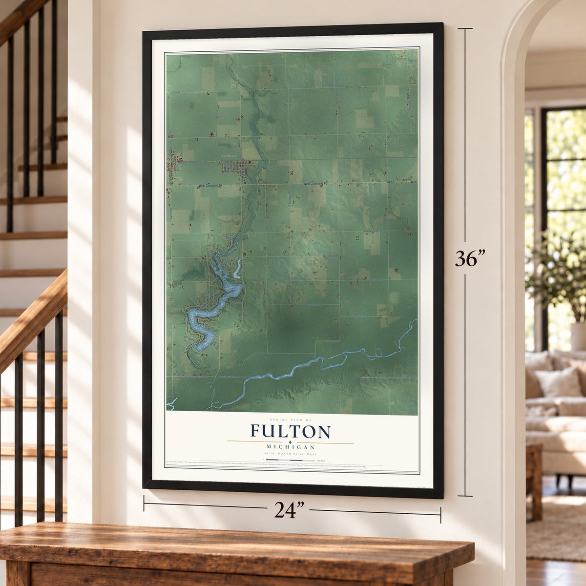 Fulton, Michigan map, 24 x 36 inch print in a black frame by a staircase