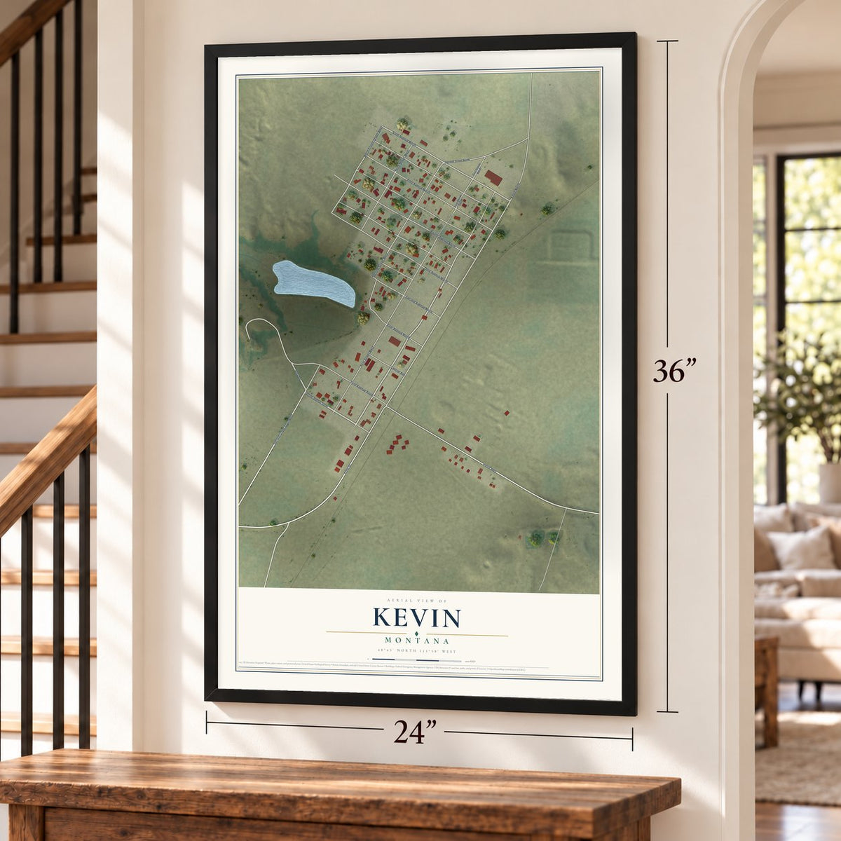 Kevin, Montana map, 24 x 36 inch print in a black frame by a staircase
