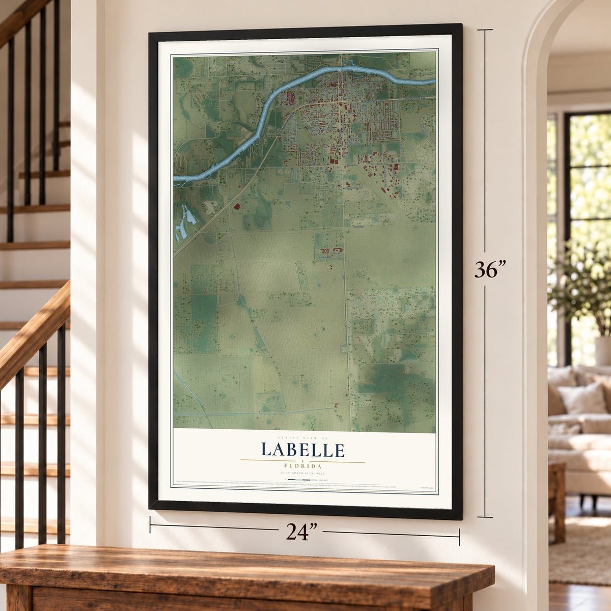 LaBelle, Florida map, 24 x 36 inch print in a black frame by a staircase