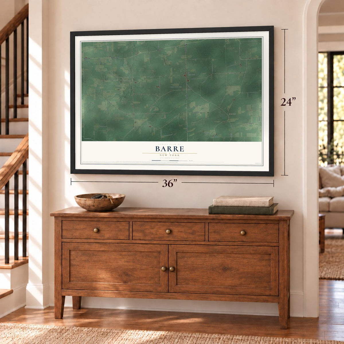 Barre, New York map, 24 x 36 inch print in a black frame above a dresser by a staircase