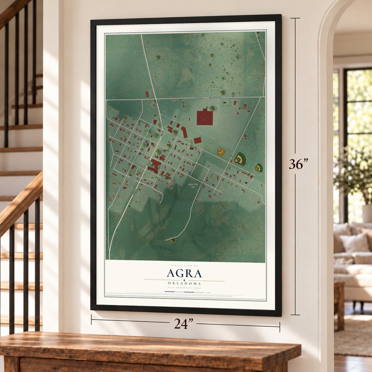 Agra, Oklahoma map, 24 x 36 inch print in a black frame by a staircase