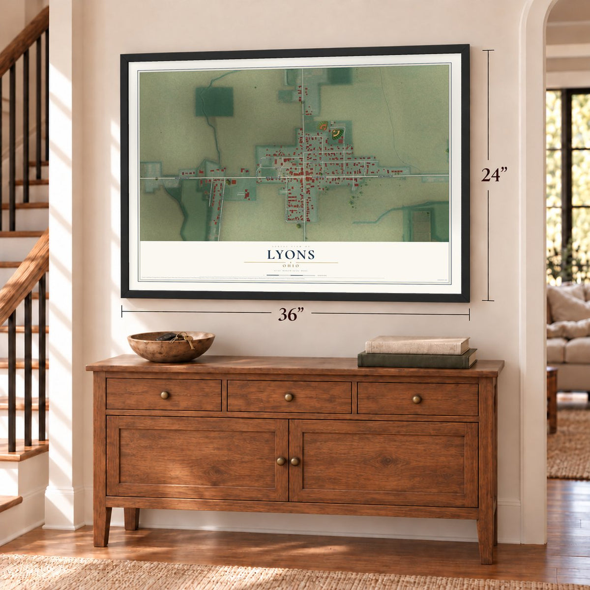Lyons, Ohio map, 24 x 36 inch print in a black frame above a dresser by a staircase