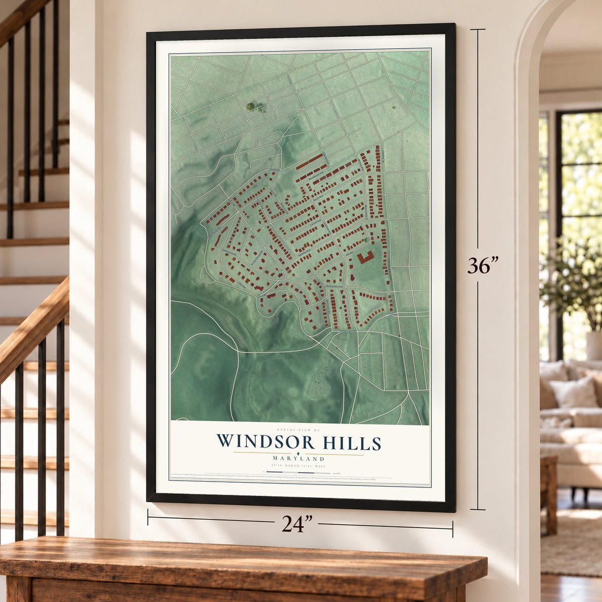 Windsor Hills, Maryland map, 24 x 36 inch print in a black frame by a staircase