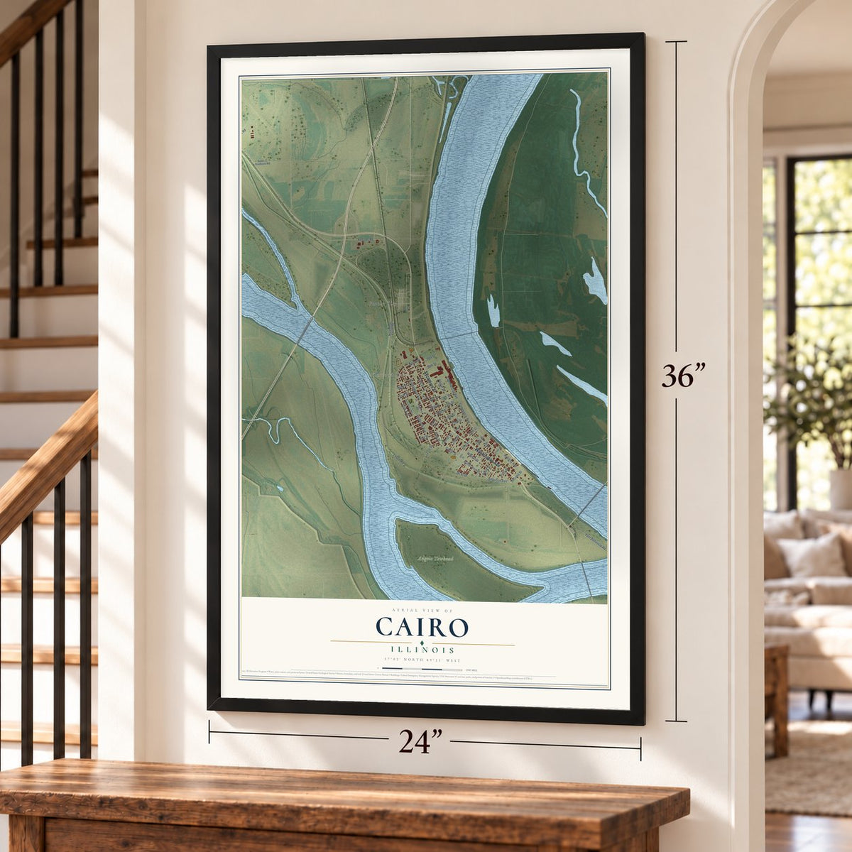 Cairo, Illinois map, 24 x 36 inch print in a black frame by a staircase