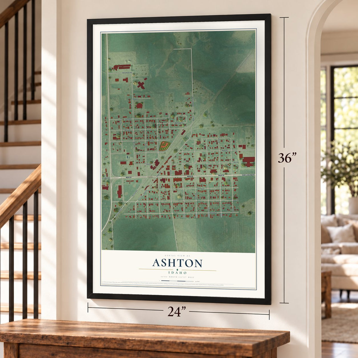 Ashton, Idaho map, 24 x 36 inch print in a black frame by a staircase