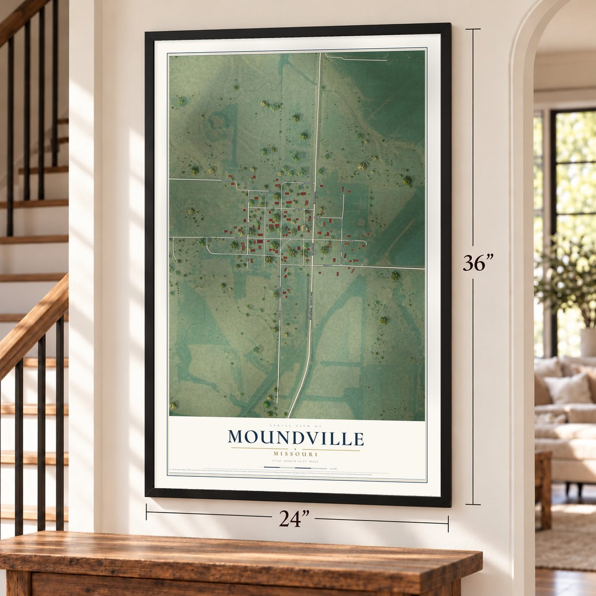 Moundville, Missouri map, 24 x 36 inch print in a black frame by a staircase